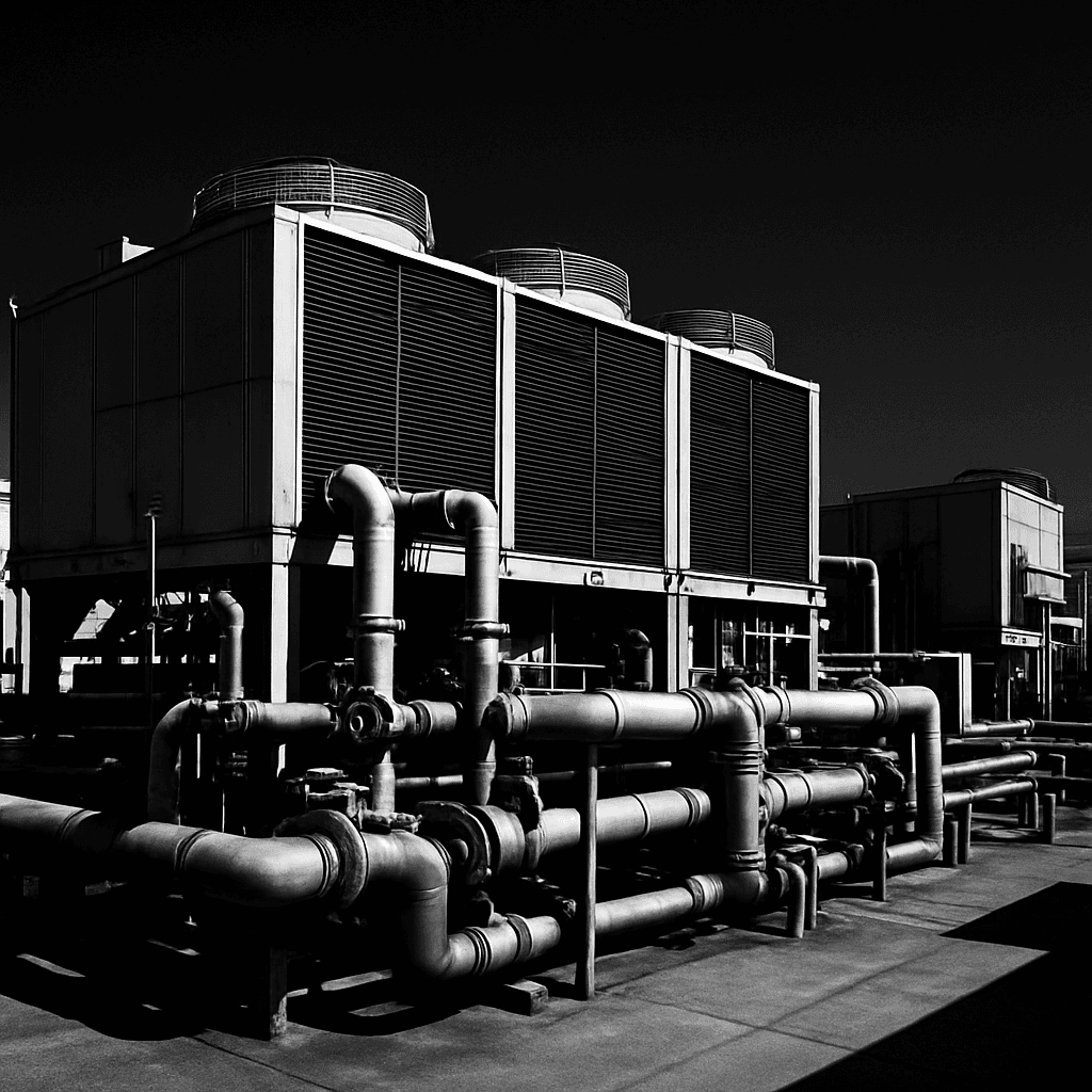 Rooftop chiller plant with dense piping in black and white